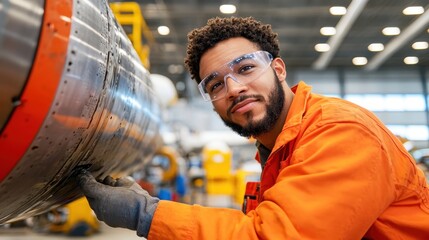 Young engineer in orange safety gear carefully examines the exterior of a jet engine in an industrial setting, representing dedication to precision and tech expertise.