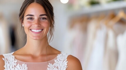 A content bride wears a lace gown in a serene bridal fitting room, captured smiling warmly, embodying love, elegance, and the anticipation of her special day.