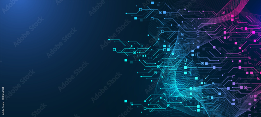 Poster Artificial Intelligence with circuit electric line style. Digital futuristic machine learning design. AI graphic design for website, banner, header, social media, mobile app, UI. Vector illustration