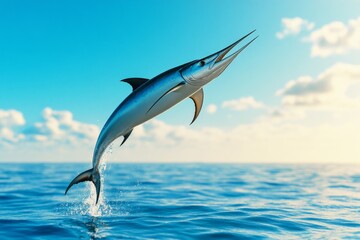 Fototapeta premium A close-up of a marlin leaping out of the ocean during a deep-sea fishing trip, with its streamlined body glistening