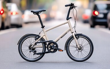 Naklejka premium Cream folding bike on city street