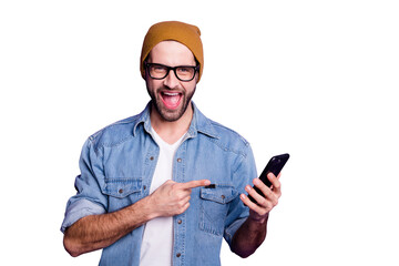 Photo of cool guy holding telephone recommend buy it best low price casual denim outfit isolated...