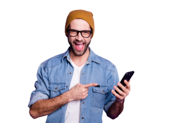 Photo of cool guy holding telephone recommend buy it best low price casual denim outfit isolated violet background