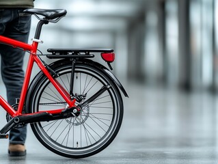 Red bicycle parked outdoors, rear view