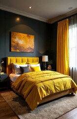 Dark and yellow powders modern bedroom. Bedroom, interior