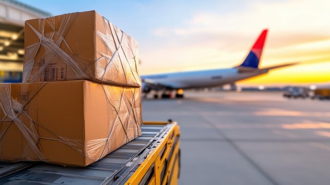 Several packages wrapped securely await loading onto an airplane at an airport, highlighting logistics and global transportation under a sunset sky.