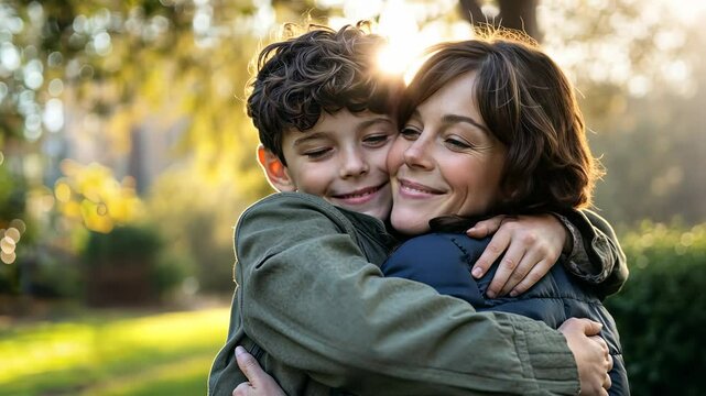 Mother and son share a heartwarming moment among the stunning cherry spring blossoms in full bloom at sunset for mother's day