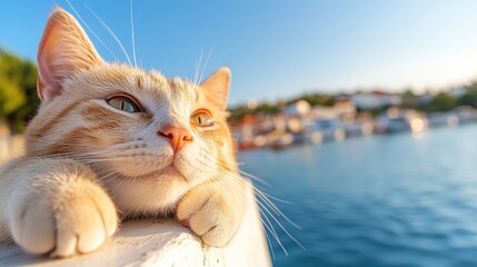 An orange cat rests its head on a white ledge, gazing thoughtfully across a sunny body of water, with blurred elements in the background conveying a sense of calm and contemplation.