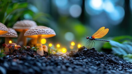 A vibrant dragonfly hovers beside glowing mushrooms in a mystical forest, creating a surreal and enchanting atmosphere that captures the beauty of nature's wonders.