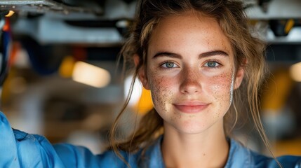 A young mechanic with a confident smile works under a car, exemplifying enthusiasm, skill, and modern engagement in auto repair and maintenance work.