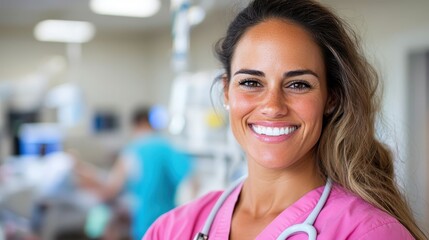 Fototapeta premium A cheerful nurse wearing pink scrubs and a stethoscope, radiating warmth and professionalism in a busy hospital environment, exuding compassion and dedication.