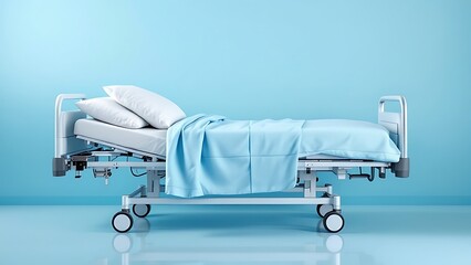 Isolated hospital bed against a blue backdrop. An insurance concept. 3d rendering