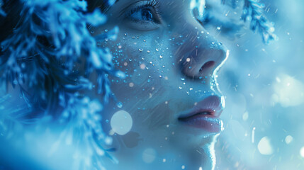 Close-up of a woman face surrounded by frost-covered branches and falling snow, with glistening droplets and cold blue tones evoking a winter atmosphere