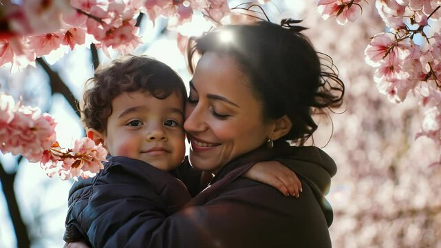 Mother and son share a heartwarming moment among the stunning cherry spring blossoms in full bloom at sunset for mother's day