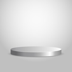 Silver podium on a light grey background. Silver pedestal.