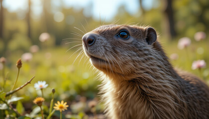 Fototapeta premium Marmot curiously looking up in a flower-filled meadow during a sunny day with copy space