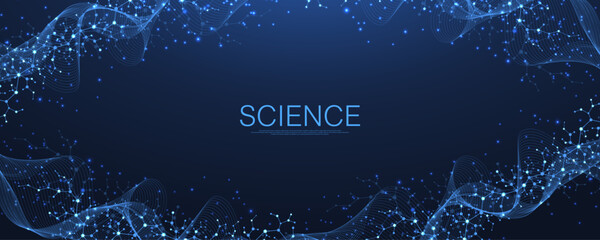 Obraz premium Molecular abstract structure and genetic engineering DNA. Healthcare and medicine background concept. Scientific research background. Wave flow. Innovation pattern. Vector illustration.