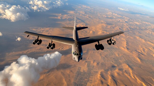 A powerful B-52 bomber aircraft flies over vast desert terrain, symbolizing military strength and strategic air capabilities during a clear day with visible exhaust trails.