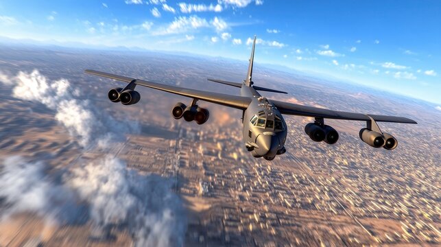 A majestic B-52 bomber aircraft soars high above a sprawling cityscape, representing an impressive feat of engineering and strategic air force capabilities in clear skies.