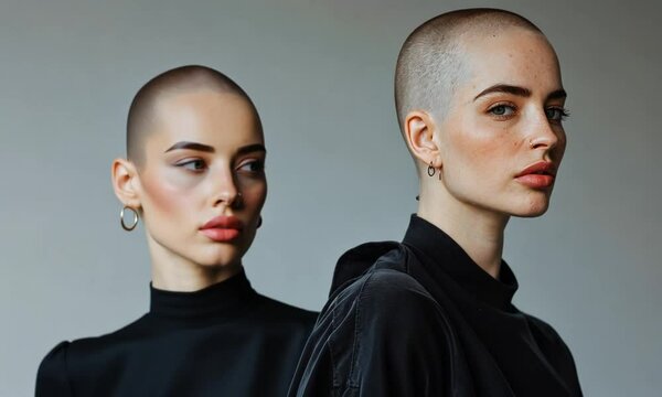 Two beautiful confident young caucasian bald women in black clothes with piercing walking after one another against grey studio background