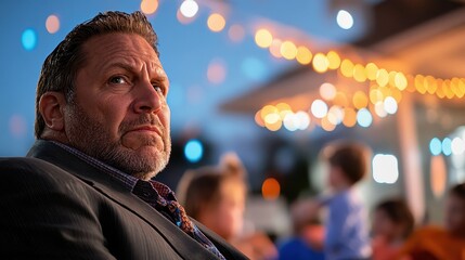 A thoughtful man dressed formally is in an outdoor setting with warm glowing lights and silhouettes, reflecting quiet contemplation amidst lively surroundings.