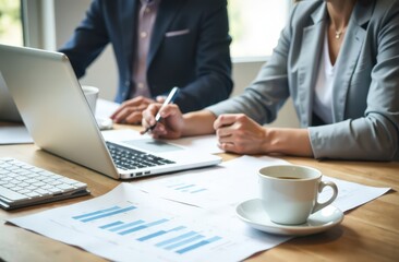 Large plan for men and women at work, laptop, blank paper, cup of coffee