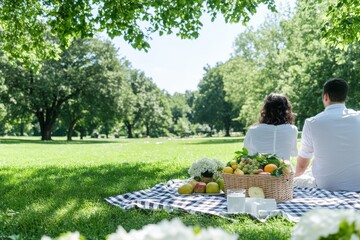 Young couple enjoying a picnic in a sunny park. Generative AI