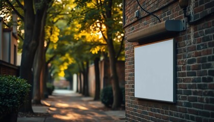 Obraz premium Blank Sign on Brick Wall Tree Lined Street