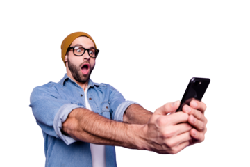 Photo of cool guy holding telephone reading bad news wearing specs casual denim outfit isolated violet background