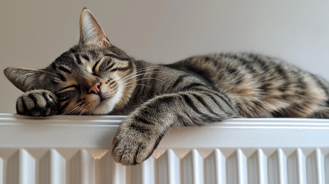 Tabby cat sleeping peacefully on a radiator