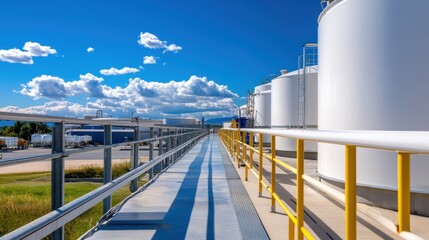 Naklejka premium An industrial walkway guides viewers towards several large storage tanks under a bright blue sky, representing infrastructural innovation and industry development.