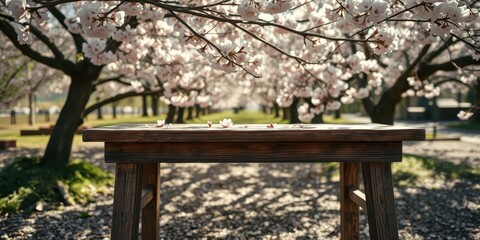 A rustic wooden bench sits beneath a canopy of blossoming cherry trees, scattered petals creating a delicate and ephemeral pattern on the weathered surface.