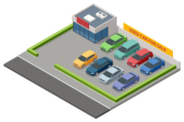 Obraz premium An isometric used car lot with colorful vehicles arranged for sale. A small building, signage, and green landscaping surround the parking area. Dealership, showroom