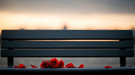Bouquet of wilting roses abandoned on a bench during sunset near the water's edge