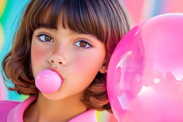Naklejka premium Close-up of a young man inflating a large bubble with pink chewing gum, against a colourful background. Generative AI