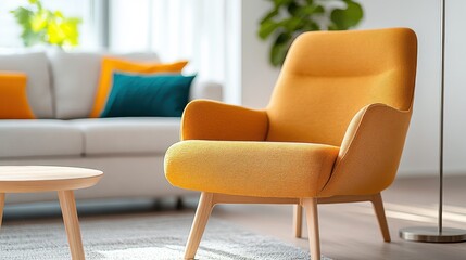 Fototapeta premium A fresh, contemporary image of a sunny yellow chair taking center stage in a bright, stylish living room with matching pillows, soft lighting and plants.