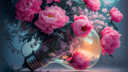 Enchanting conceptual floral artwork with glowing lightbulb for modern decor, digital art prints, wall decor, conceptual branding, book covers, romantic event designs, aesthetic social media posts.