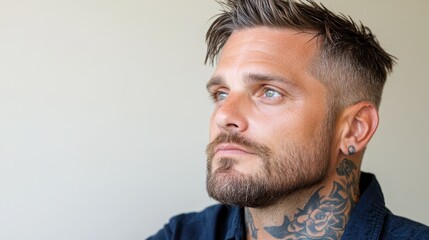 Obraz premium Portrait of a man with a tattooed neck and thoughtful expression, gazing upwards. His rugged features and piercing eyes add to his charismatic appearance.