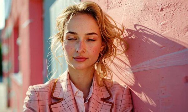 Woman in pink blazer leaning against a pink wall.