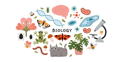 Biology lesson at school, science. Round composition with microscope, microorganisms, brain, insects, frog, cat and plants. Education concept. Vector illustration isolated on white, hand drawn, flat