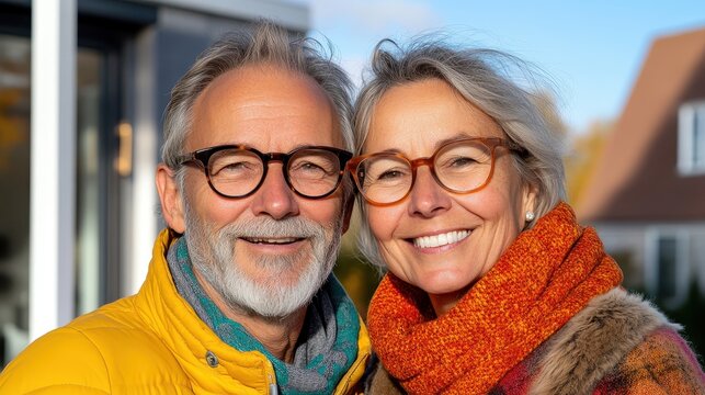 A mature couple dressed warmly for autumn smiles outdoors, showcasing joy, companionship, and the beauty of aging gracefully in a picturesque outdoor setting.