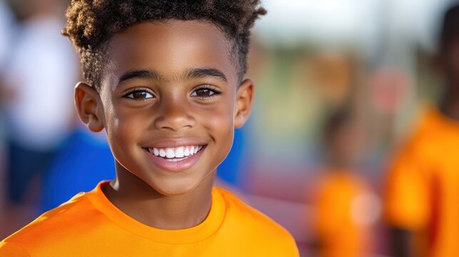 A cheerful young boy with curly hair beams a joyful smile while wearing a bright orange shirt, capturing the essence of childhood happiness and warmth.