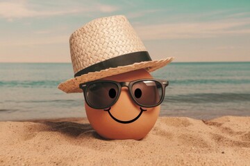 Smiling Cartoon Egg on the Beach Wearing Sunglasses and a Straw Hat