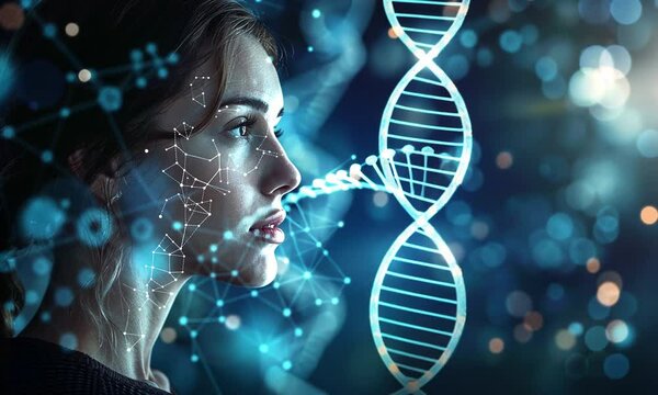 Woman's profile with DNA strand and network overlay.