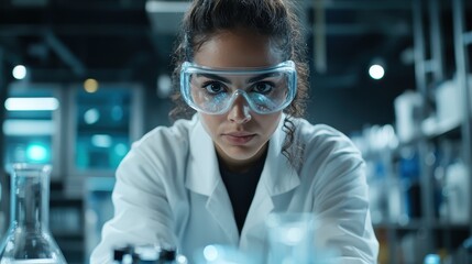 Fototapeta premium A determined female scientist wearing protective goggles and a lab coat, intensely focusing on her experiment amidst high-tech laboratory equipment and a modern setup.