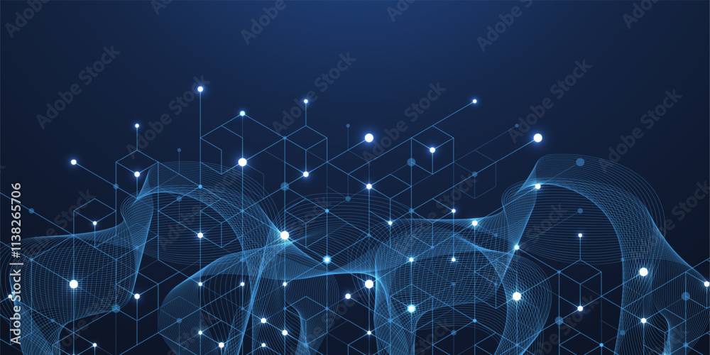Aufkleber Modern technology vector illustration with square grid. Technology banner template cubes texture. Digital geometric abstraction with lines and dots