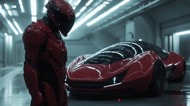 Sleek red vehicle alongside armored figure in a rail-lit futuristic garage, emphasizing the sleek curves, modern design, and a sense of progression.