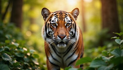 Fototapeta premium Close-up of a Bengal tiger with intense gaze in a dense jungle setting at dawn