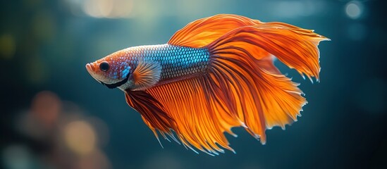 Fototapeta premium Vibrant orange and blue betta fish swimming in an aquarium.