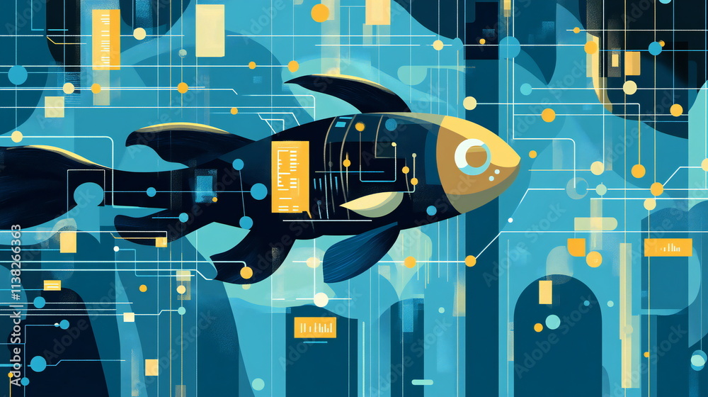 Fototapete Colorful digital fish swimming through a vibrant network of artificial intelligence elements in a modern abstract setting